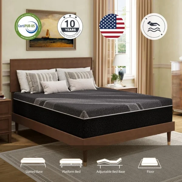 Queen Mattress 12 Inch Charcoal Memory Foam Mattress in a Box, Fiberglass Free, Gel Double Mattress, Mattress - Image 2