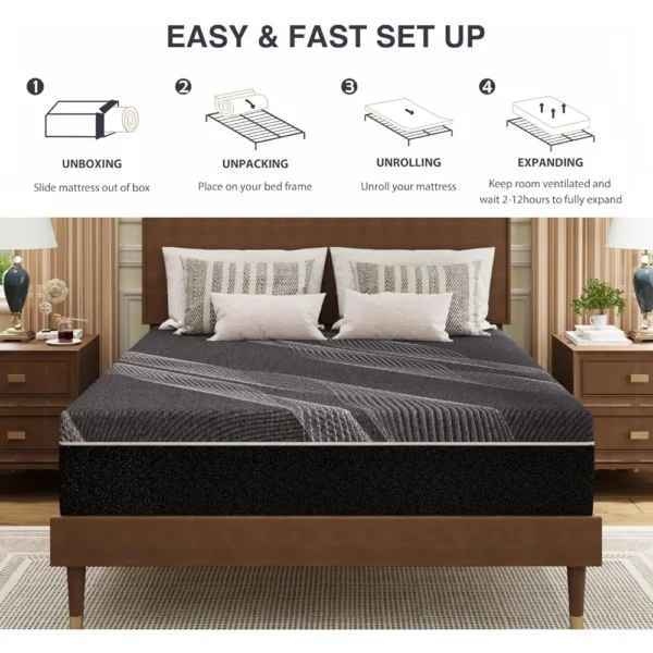 Queen Mattress 12 Inch Charcoal Memory Foam Mattress in a Box, Fiberglass Free, Gel Double Mattress, Mattress - Image 6